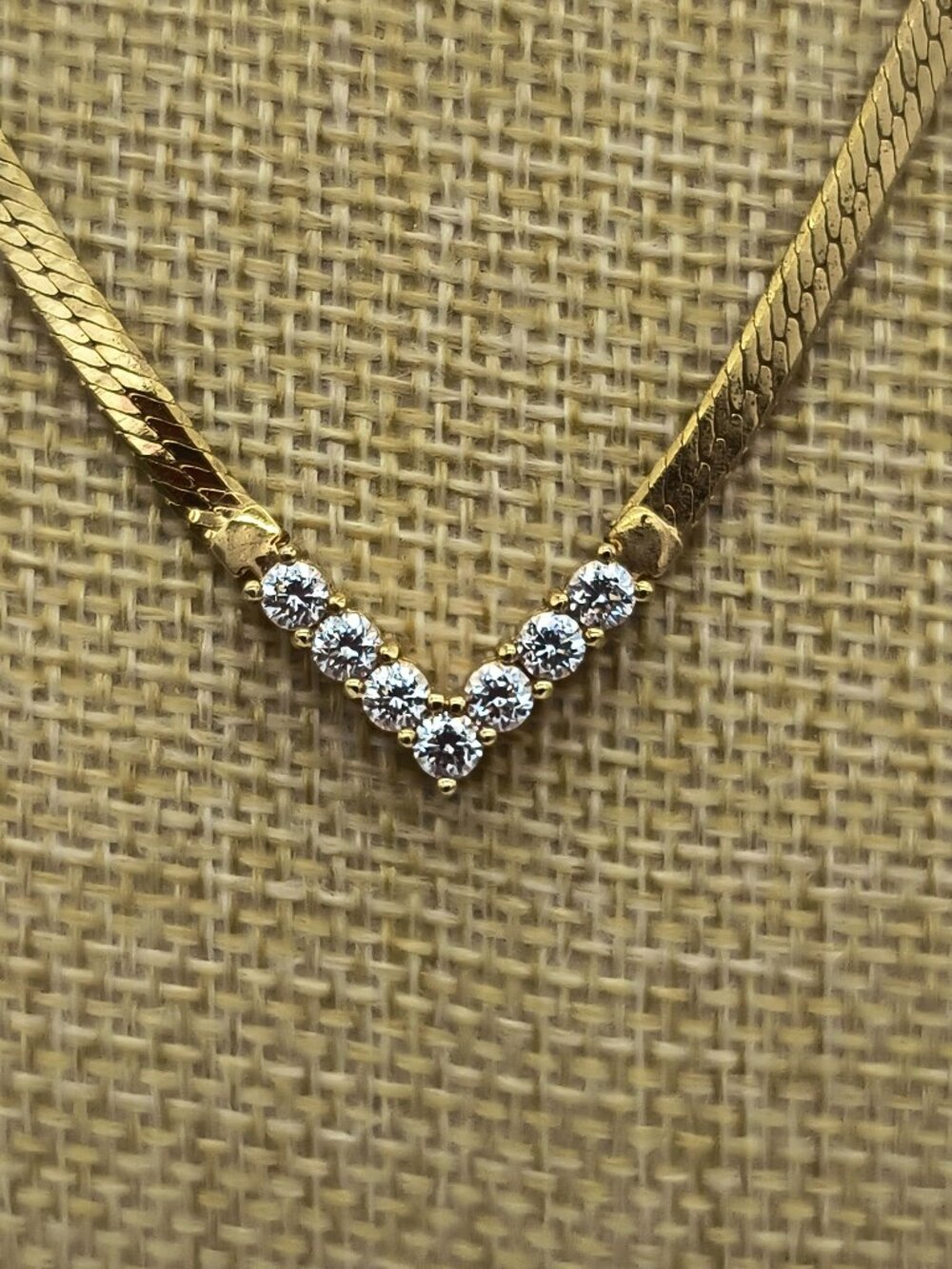 Vintage Korea Gold‑Tone Herringbone Necklace w/ CZ Stones